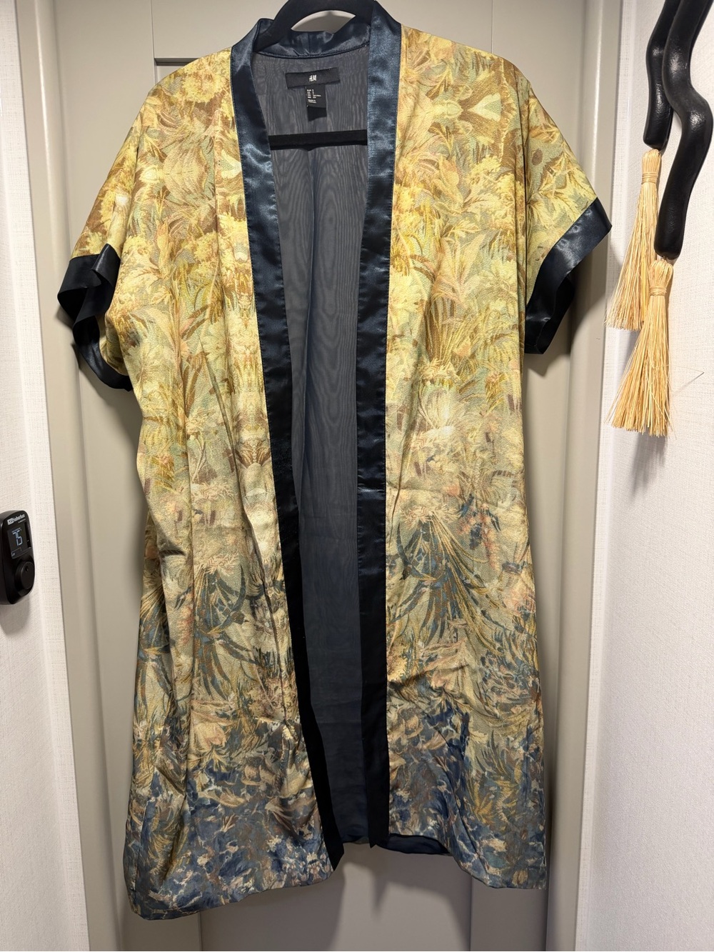 H&M Floral Kimono Jacket in Gold and Navy Trim